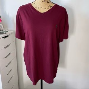 Polo Ralph Lauren Men’s Burgundy V Neck Short Sleeve T Shirt with Green Logo
